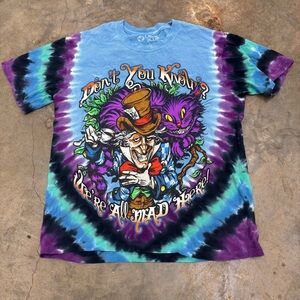 Liquid Blue Alice in Wonderland Tie Dye Blue Double Sided Graphic Shirt Mens S